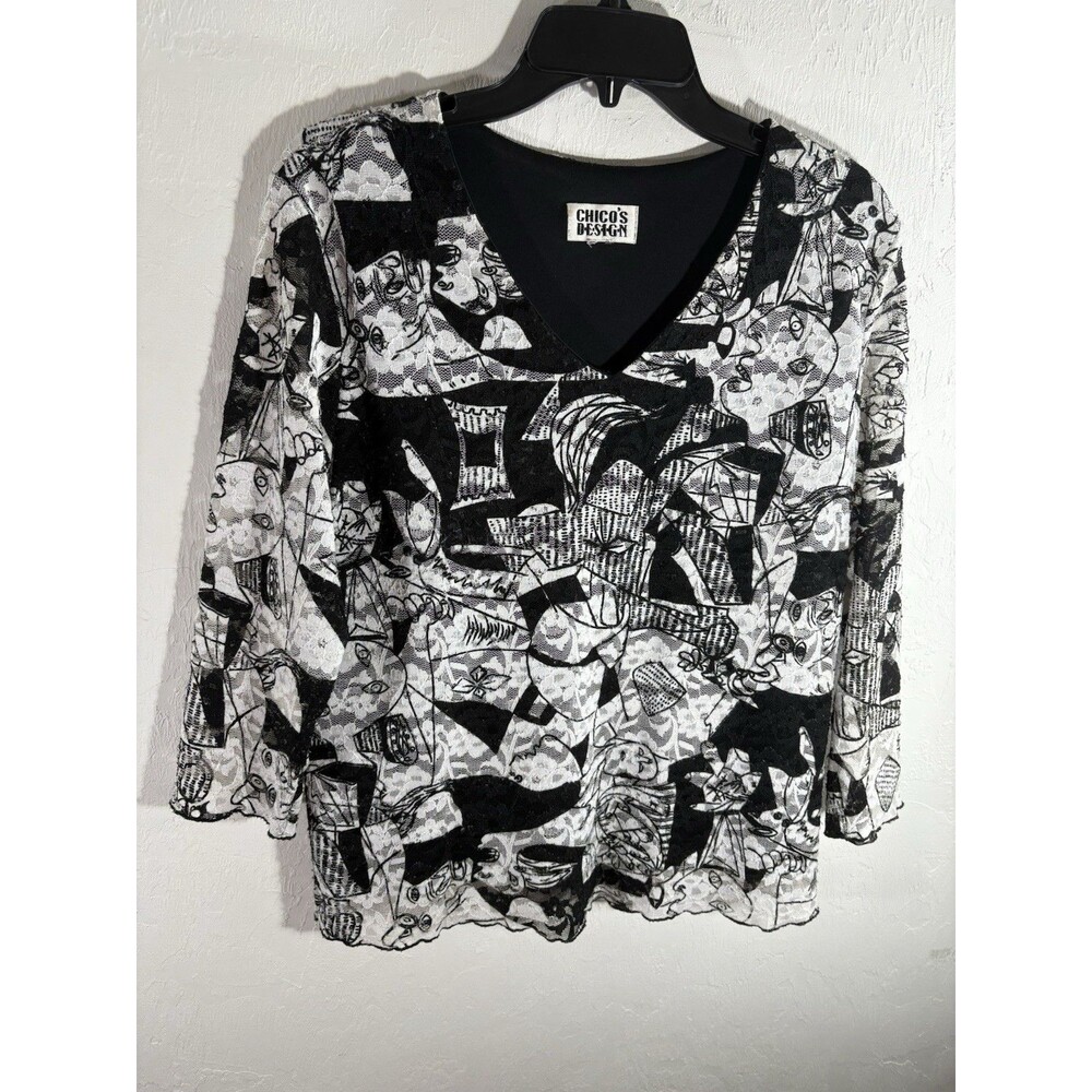 Chicos Design Black & White Abstract Print Lace Lined Woman Blouse X-Large Sz 3